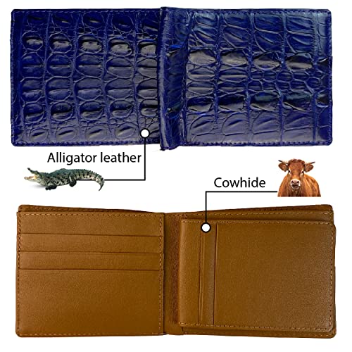 Image of HATA Navy Blue Exotic Bifold Leather Wallet with Hidden Compartment, Men's Minimalist RFID Blocking Wallet with ID Window & Credit Card Holder, Men Handmade Gift for Birthday, Father's Day VINAM-107