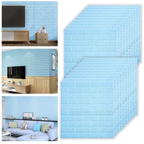 Image of KASHIVAL Self-Adhesive Waterproof PE Foam 3D Wall Panels Wallpaper Sticker for Bathroom, Living Room, Hotel and Home Decoration (70 x 70cm, Appx. 5.3Sq Feet) (JD Blue Brick)