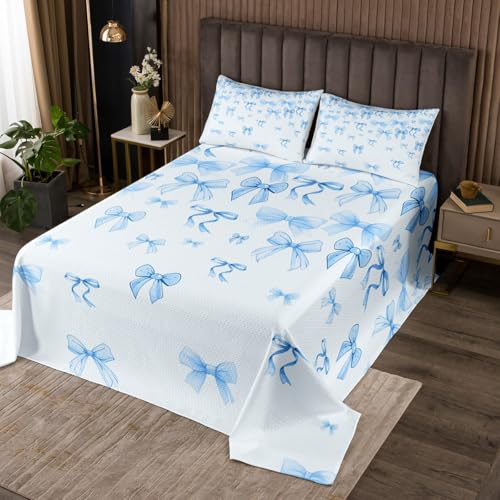 jejeloiu Blue Bowknot Bedspread for Girls Bow Coverlet Set Queen Size Kids Girly Princess Style Quilted Coverlet Aesthetic Coquette Decor Breathable Soft Lightweight Microfiber 3Pcs