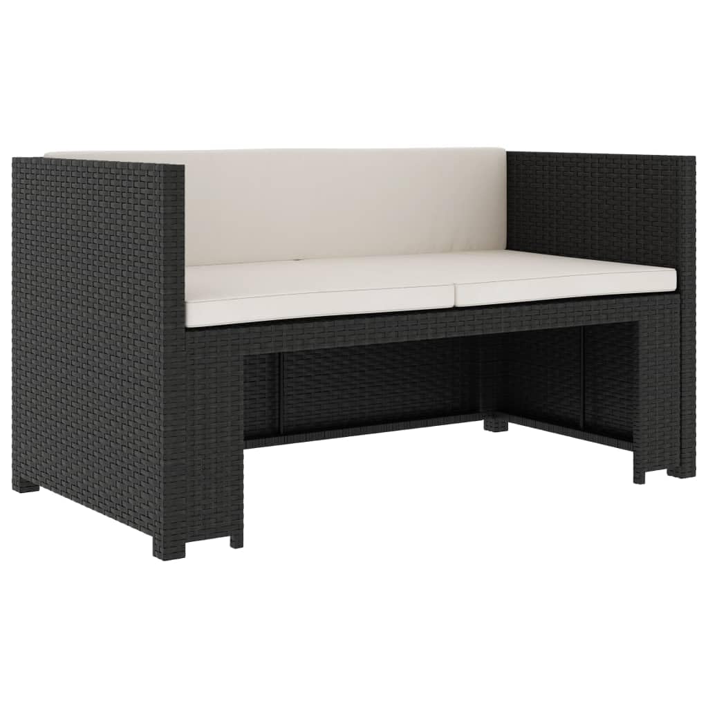 Set Muebles Jardin 5 Piezas Ratán PE Negro | Estructura Acero Solido, Cojines Gruesos Cremallera, Mesa Centro, 1 Banco, 1 Banco Sin Respaldo, 2 Taburetes