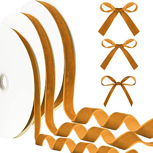 Yilloog 3 Rolls 75 Yards Christmas Velvet Ribbon 3/8 5/8 1 Inch Vintage Single Face Wrapping Satin For Decoration, Wedding Ornaments Diy Crafts (Khaki) #TOP10