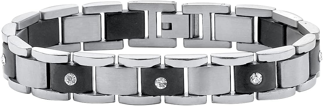 PalmBeach Men's Black Stainless Steel Round Crystal, Two Tone Link Bracelet (13mm), Fold Over Clasp, 8.25 inches