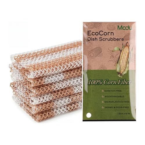 Image of Modu 6 Pack EcoCorn Dish Sponges Scrubbers - 100% Corn Fiber, Biodegradable Kitchen Scrub Pads for Multipurpose Household Cleaning, Odor-Free, Plastic-Free Kitchen Mesh Net (Thin & Foamy 6 Count)