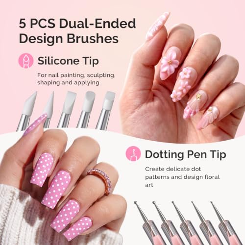 Image of MelodySusie Nail Art Tools Set, 15 Pcs Pink Nail Art Brushes, 5 Dual Tipped Sculpture and Dotting Brushes, Nail Stands, Tweezer and 100 Double-sided Tape, Manicure Design Home and Salon