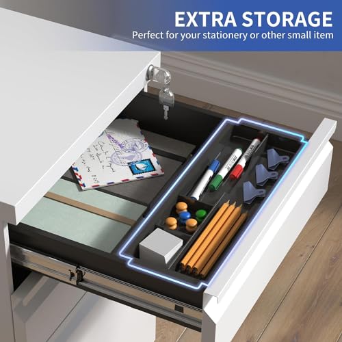 BIZOEIRON 3 Drawer Mobile File Cabinet, Under Desk Metal Filing Cabinet with Lock and Wheels, Rolling File Cabinet for Home Office Legal/Letter/A4 File (White)