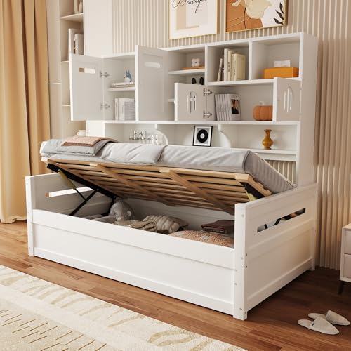 Kebnor Sofá cama de madera, almacenamiento multifuncional, cama hidráulica, cama individual, cama juvenil, estructura de cama (colchón no incluido) (el blanco es hidráulico)