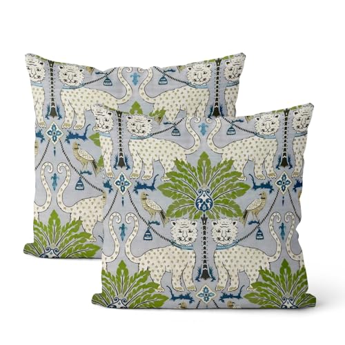 Blue Green Boho Throw Pillow Covers 18x18 Inch 2 Pcs Vintage Tropical Palm Leopard Outdoor Decor Pillow Covers Summer Coastal Farmhouse Decorative Pillowcase Linen Cushion Cover for Couch Sofa