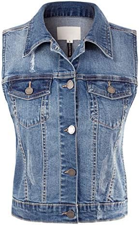 Design by Olivia Women's Junior Fit Sleeveless Button up Jean Denim Jacket Vest Distressed Medium Denim L