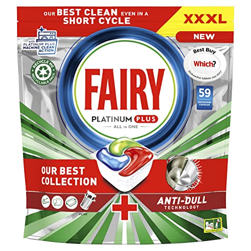 Fairy Platinum Plus All-In-1 Dishwasher Tablets Bulk, 59 Tablets, With Anti-Dull Technology & Rinse Aid Action