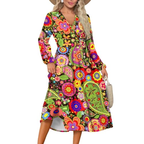 Women's V-Neck Long Sleeve Tie Dress Midi Dresses Wrap Waist - Cinching Dress Party Wedding Guest Cocktail