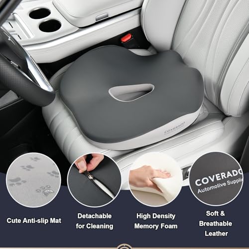 Image of Coverado Car Seat Cushion with Memory Foam, Ergonomic Driving Seat Cushion for Sciatica, Tailbone, Back Pain Relief, Premium Non-Slip Washable Cushion for Car, Driver, Office, Wheelchair