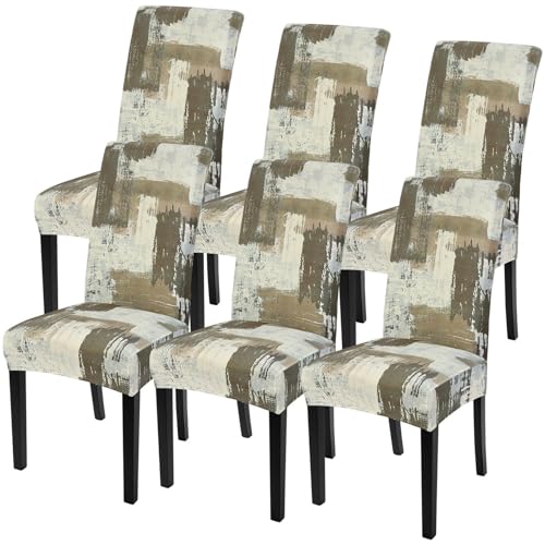 Image of SearchI Dining Room Chair Covers Set of 6, Stretch Printed Floral Parsons Chair Slipcovers Removable Washable Kitchen Chair Protector Cover for Dining Room, Hotel, Ceremony (Brown Abstract Pattern)