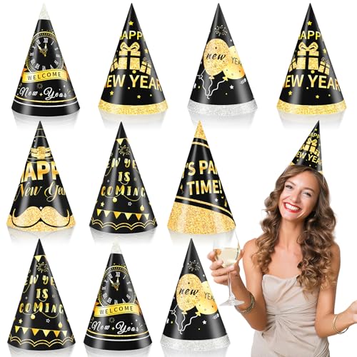 JUNEBRUSHS 24PCS Happy New Years Eve Party Hats Adjustable Hats Paper Cone Hat for Decorations New Years Eve Party Supplies