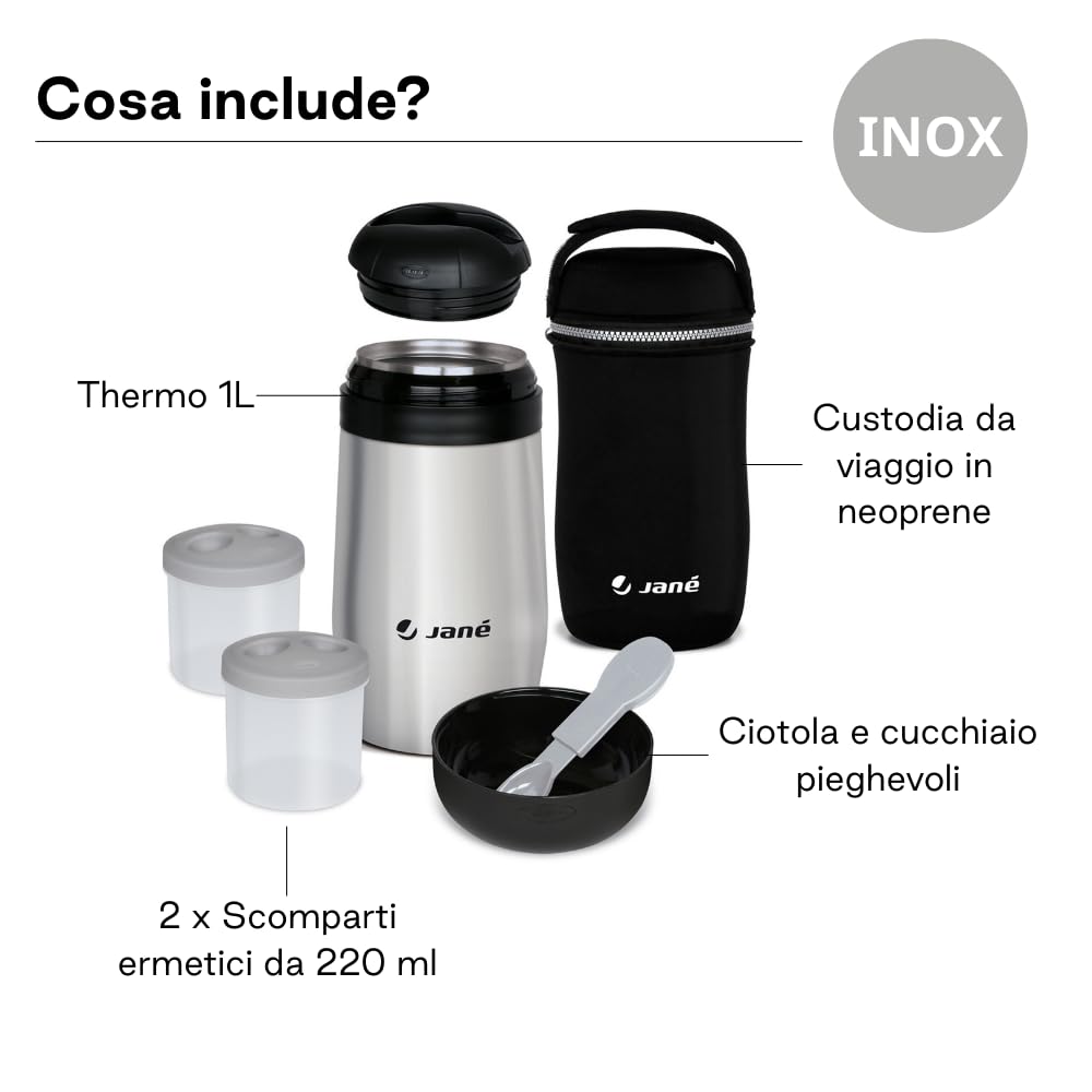 Jané Thermos 1L 2 Contenitori Ermetici Mantiene Caldo e Freddo 8h Borsa Termica Grigio
