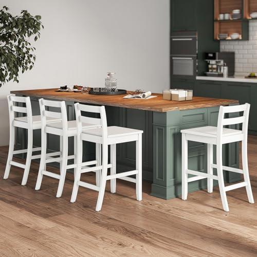 Conjunto de 4 butacos altos de madera COSTWAY de 24 pulgadas con respaldo bajo | Sillas altas estilo granja con patas de madera de caucho sólida y reposapiés para comedor, isla de cocina, pub y cafetería (blanco) miniatura 4
