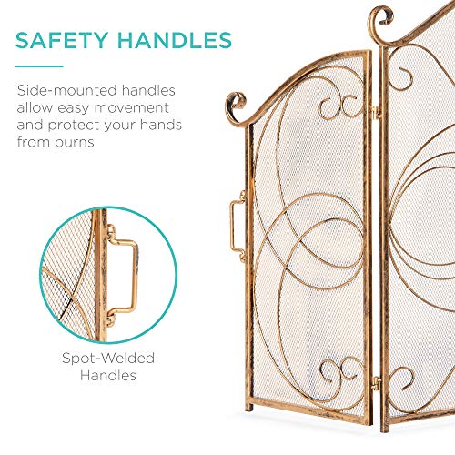 Best Choice Products 3-Panel 55x33in Solid Wrought Iron See-Through Metal Fireplace Screen, Spark Guard Safety Protector w/Decorative Scroll - Gold