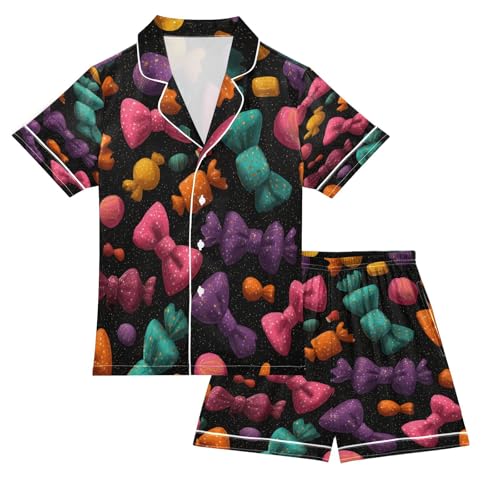 Satin Pajama Sets Short Sleeve Colorful Bow Ties on Black Button Down Silky Nightwear 2 Piece PJS 5-14Y