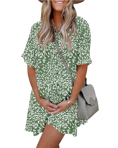 Image of PYGFEMR Women's Short Sleeve Babydoll Dress Button Down Dresses with Pockets