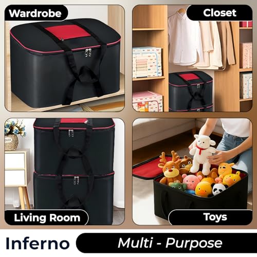Image of INFERNO 54x46x28 cm Large Nylon Underbed Storage Bag | Pack of 01 | Clothes & Blanket Storage | Foldable Organizer Box | Dust-Proof Packing Bag (Black & Red)