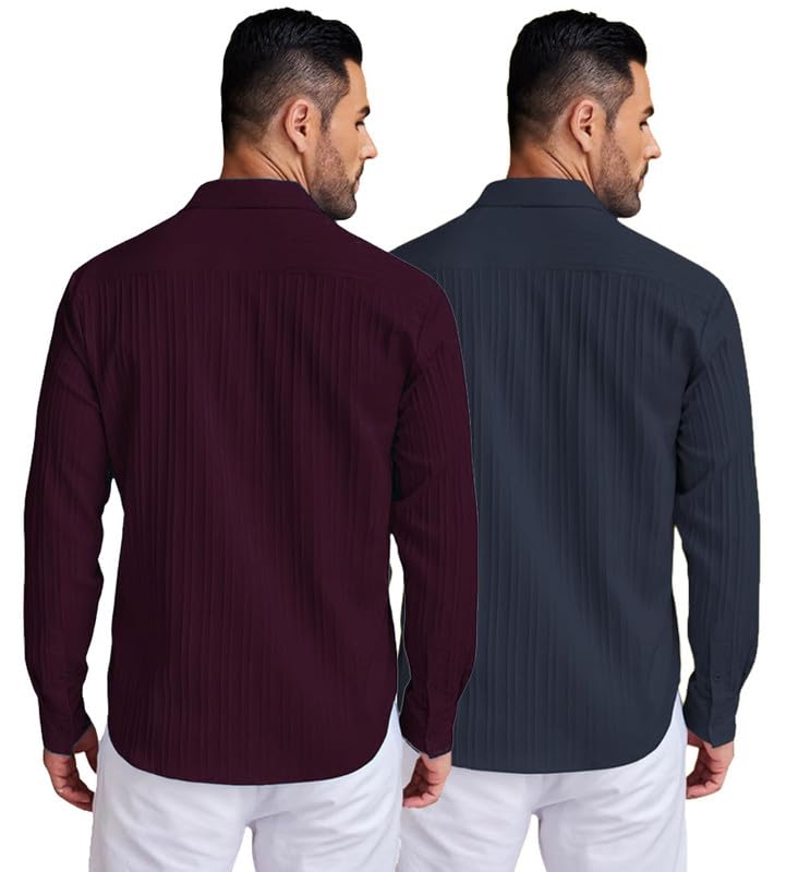 Image of DEELMO Combo of Men's Casual Button Down Shirts Long Sleeve Linen Shirt Fashion Textured Summer Shirts Pack of 2