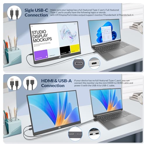 Image of LR Portable Monitor, 16 inch 1200P FHD IPS Display 16:10, 1500:1 Contrast, USB-C&Mini HDMI Travel Monitor with Built-in Stand, Second Screen for Laptop /PC /Mac /Phone /Switch /Xbox /PS4 /5, Vesa Mountable