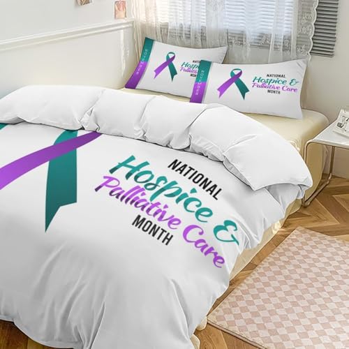 Zkojip Purple Green Ribbon Hospice and Palliative Care Awareness Bedding Set Soft Comforter Cover Set with 2 Pillowcases for Bedroom Hotel Home Decor Queen/King/Twin/Full Size 79"x90"