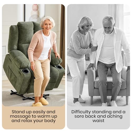 Image of Oversized Power Lift Recliner Chair for Elderly, 135 Lay Flat Electric Recliner with Massage & Heat, Stand Assist Lift Chair with 2 Cup Holders for Living Room,Green