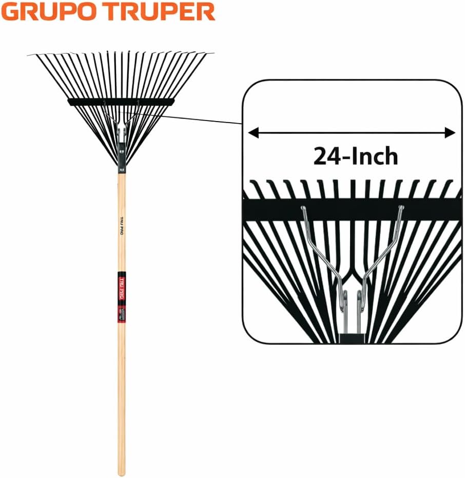 Truper TruPro Steel Leaf Rake, 24-Inch Head, 54-Inch Wood Handle - Garden Rakes Metal Heavy Duty - Yard Rakes - Lawn Rake for Leaves and Grass (Model EMX-24 / 30480)