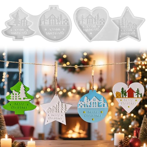 Moule Silicone Noel, Lot de 4 Ensemble de Moule Silicone pour Pendentif de Noel, Decoration Sapin de Noël, pour Étoile, Cœur, Boule, Plâtre, Résine, Deco Noël DIY, Démoulage Facile