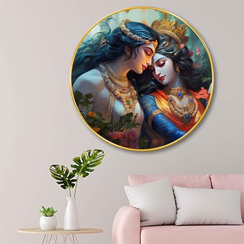 Image of Livin'luxe Radha Krishna Eternal Love Round Art Print - Spiritual Divine Couple Artwork with Royal Ornaments | Hindu God Art Print for Living Room, Bedroom, Temple & Gift (16 x 16 Inch) Art-GRM-282