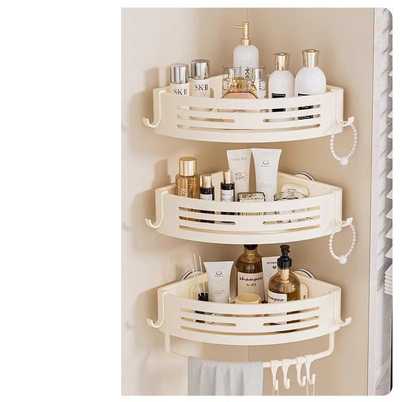 Reelyo 吸盤 浴室用ラック バスラック 浮かせる収納 水切り 防水と防錆 フック/タオルバー付き バスルーム/お風呂/洗面所/キッチンに おもちゃ シャンプー 収納 (三角形, 3段)