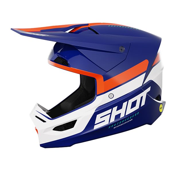 SHOT RACE GEAR Casque Motocross Race Iron Blue Orange Glossy – Casque Cross Ultra Léger 1300 g – Intérieur Démontable Lavable – Fermeture Double D –...