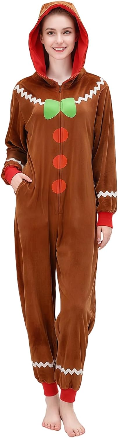Adults Gingerbread Zipper Onesie Funny Christmas Hooded Costume Xmas Holiday Pajamas Sleepwear for Men Women