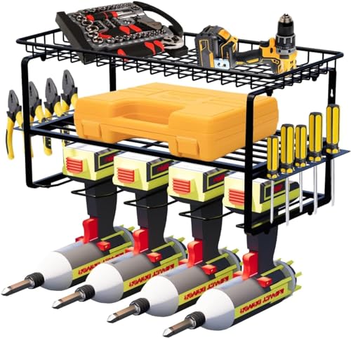 Grandhom Alloy Steel Drill Organizer, 3-Tier Cordless Drill Rack, Black, 16.5x7.87x8.66 inches, Home Office, Garage, Tool Room, Laundry Room