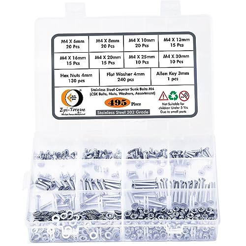 Image of Epi-torque Stainless Steel 202 Grade Flat Socket Head Cap Screw Internal Hex M4 Thread Size Counter Sunk Full Thread Machine Screws Nuts & Bolts Assortment With Matching Hex Nuts, Flat Washer & Allen Keys Pack Of 495 Pcs Pack