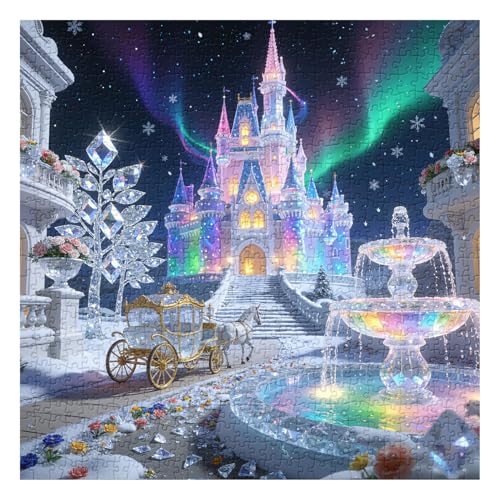 Rompecabezas Aurora Crystal Castle para adultos 1000 piezas, Palacio mágico, escena nocturna de nieve con fuente arcoíris y fantasía, arte de cuento de hadas desafiante y soñador para decoración de pared miniatura 1
