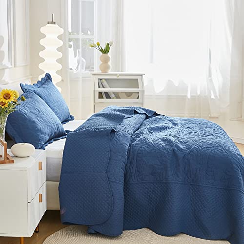MarCielo 3-Piece 100% Cotton Oversized Bedspread Lightweight Quilt Coverlet Embroidery Farmhouse Bedding Set T0 (Midtone Blue, Oversized Queen (100"x106"))