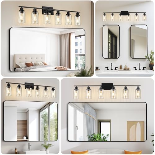 Image of Jonsi Modern Black Bathroom Light Fixtures, 6-Light Modern Black Vanity Light, Bathroom Vanity Light with Stripe Glass Shade, E26 Wall Sconces Over Mirror for Bathroom, Living Room, Hallway