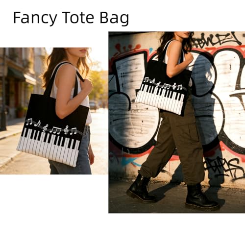 Bolso tote de lona con diseño de teclas de piano y notas musicales, con bolsa complementaria – Conjunto reutilizable para amantes de la música, accesorios de almacenamiento para profesores, negro y blanco miniatura 2