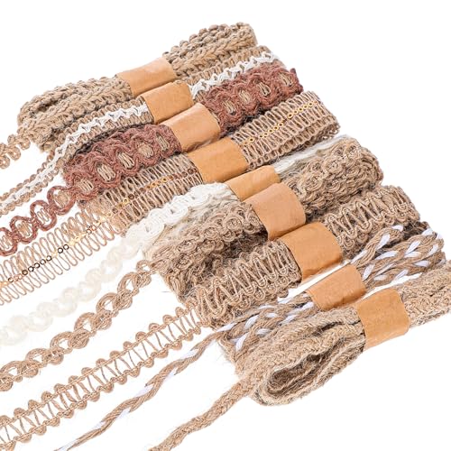 LXUEJIE 9 Rolle Vintage Bastelband, Natur Juteband Spitzenband Geschenkband Boho Juteband mit Spitze Geschenkbänder Sackleinenband für DIY Geschenke Verpackung Jahrestag Hochzeit Party Basteln Deko