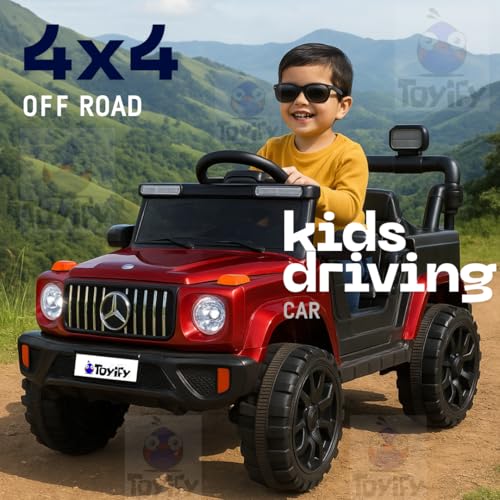 Image of Toyify Battery Jeep for Kids 1-6 Yrs | Driving Electric Car Toy Ride on 4x4 Motors | Loading Capacity of 50 Kg | Bluetooth Music Player | Battery Car - Remote Control Manual Steering Drive (Red)