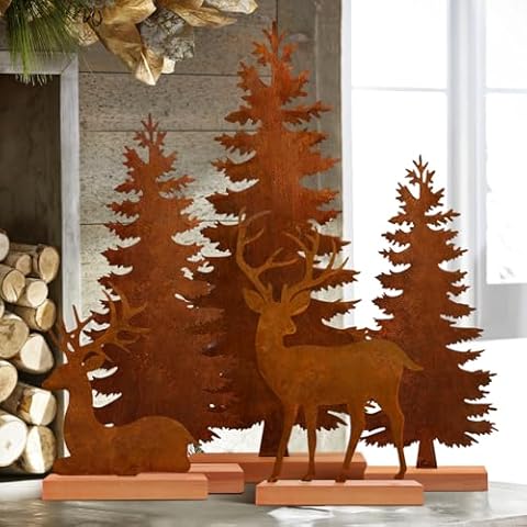 Set of 5 Metal Christmas Pine Tree and Elk Tabletop Decor, Rusty Steel Vintage Evergreen Tree Table Centerpieces - Farmhouse Xmas Holiday Decoration for Room Fireplace Shelf Cover