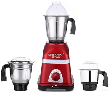 Gemini Triaa 1000W Mixer Grinder with 3 Stainless Steel Jars (1 Wet Jar, 1 Dry Jar and 1 Chutney Jar), Red.Make In India