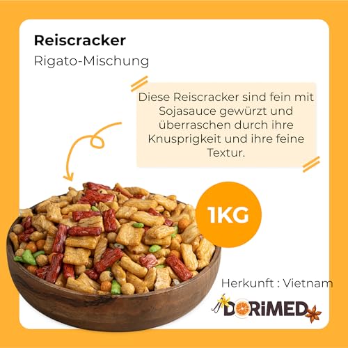 Reiscracker, Rigato Mix 1 kg | Pikante gebratene Rigatoni Reisstangen Vorspeise Mix | Sortiment Reismehl, Tapioka und Paprika | Asiatischer Geschmack mit einem Hauch von Salz, Soja und Bittersüß |