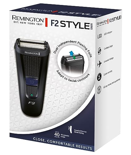 Remington Rasoir électrique rasage à sec Style Series F2 (rétractable pour précision, doubles grilles flottantes, affichage LED,Secteur/sans fil 40min, voltage universel,brosse incl.) Tondeuse F2002