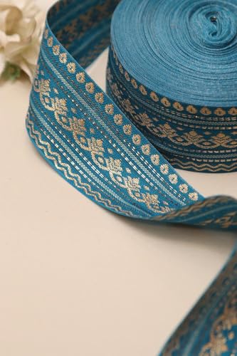 Image of Banarasi Silk Border Lace for Saree, Dupatta, Lehenga, Suit, Blouse & Home Furnishing, Crafting DIY (Ocean Gold, 9 Meters x 2 Inch)