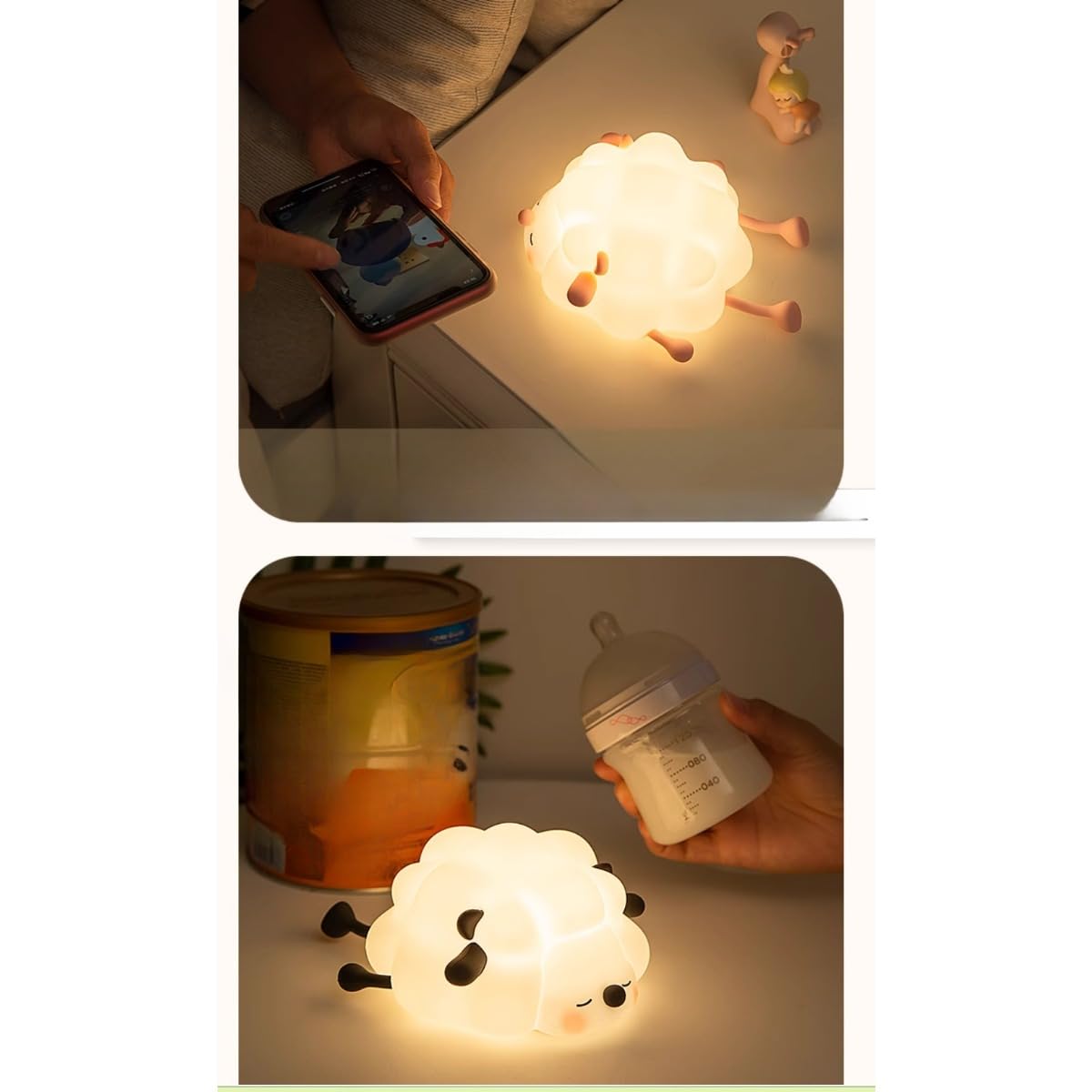 Cute Kids Night Ligh Sheep Shape Tapping Induction, Time Off Light, Phone Stand, Soft Silicone Night Light for Baby Nursery (Black)