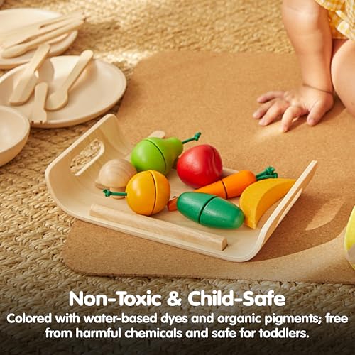 Image of PlanToys Wooden Fruits & Vegetables Cutting Set | Montessori-Inspired Play Food for Toddlers | Pretend Play Kitchen Toy with Knife and Tray | Educational Fine Motor Toy