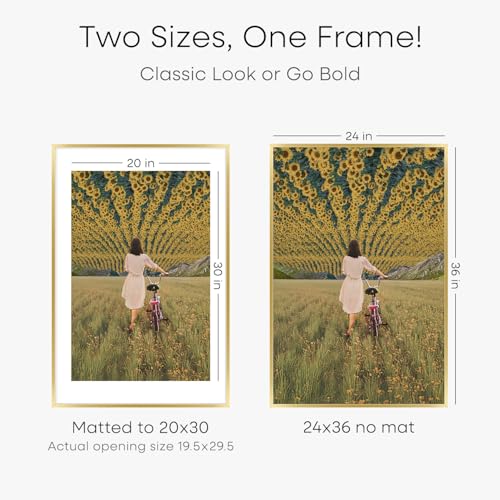 Image of Homeforia 24x36 Gold Picture Frame, High End Metal 24 x 36 Large Poster Frames with Mat 20 by 30 inch Photo, 24x36 Gold Frame Matted to 20x30 for Print, 36x24 Frame, Tempered Glass, Wall Kit, Set of 2