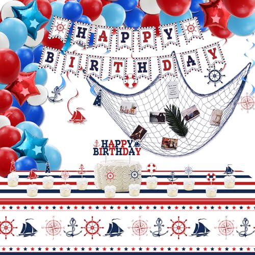 Decoraciones de fiesta náutica, suministros de cumpleaños con temática de Anckor con pancarta de feliz cumpleaños, red de pesca, mantel, globos, letreros colgantes para cumpleaños temáticos náuticos,